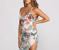 Tropical Getaway Sleeveless Asymmetrical Ruched Midi Dress