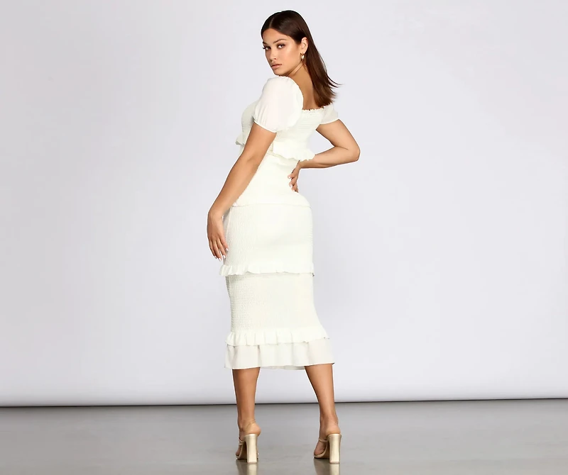 Ruffle Square Neck Smocked Midi Dress