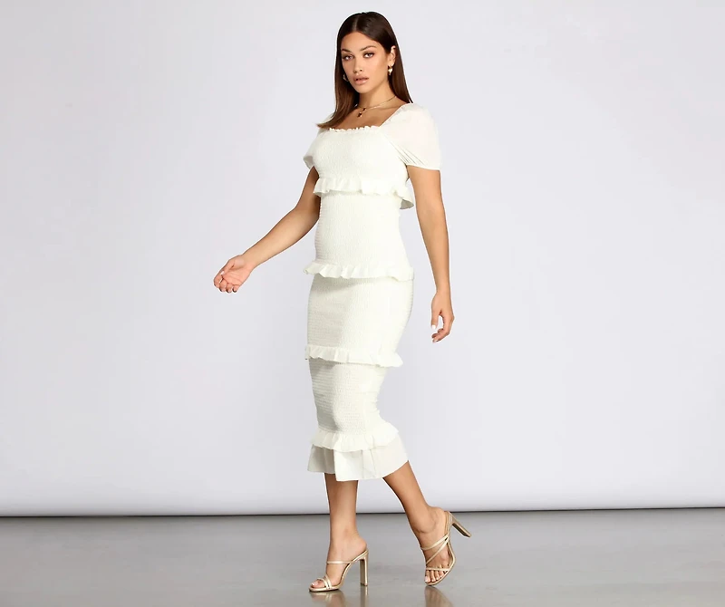 Ruffle Square Neck Smocked Midi Dress