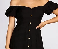 Off The Shoulder Button Front Midi Dress