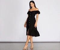 Off The Shoulder Button Front Midi Dress