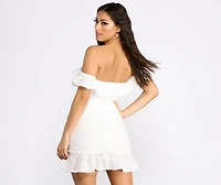 Ruffle Detail Eyelet Off The Shoulder Mini Dress