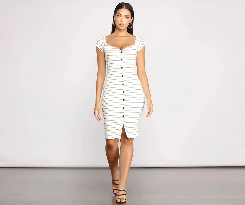 Stripe It Down Ribbed Button Midi Dress