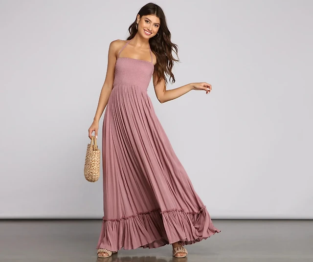 hollister sofia side smocked maxi dress Hollister Co. SOFIA SIDE SMOCKED MAXI - Maxi dress - bright white/white