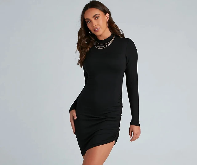 knee length dresses for ladies Chic Era Satin And Mesh Long Sleeve Mini Dress