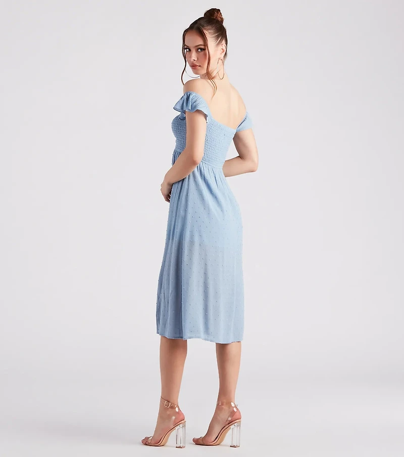 Just Peachy Keen Off-The-Shoulder Midi Dress