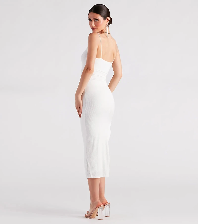 Favorite Pick Ruched Slit Midi Dress