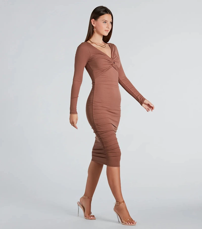 Twisted Up Long Sleeve Rib Knit Midi Dress