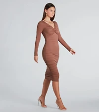Twisted Up Long Sleeve Rib Knit Midi Dress