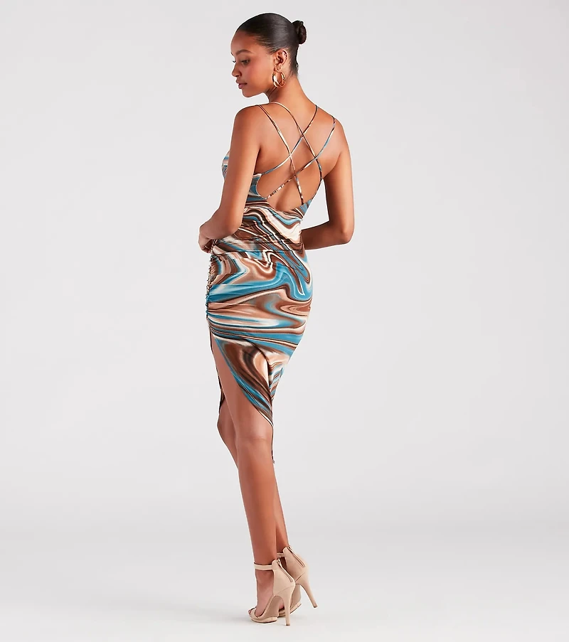 Swirls Of Attraction Strappy Marble Print Midi Dress
