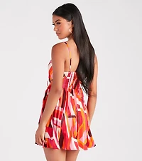 Playful Prints Satin Pleated Skater Dress