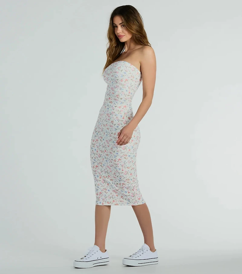 Sweetest Allure Strapless Floral Eyelet Knit Midi Dress