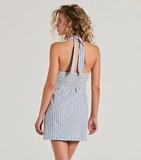 Pretty Italy Halter Button Striped Mini Dress