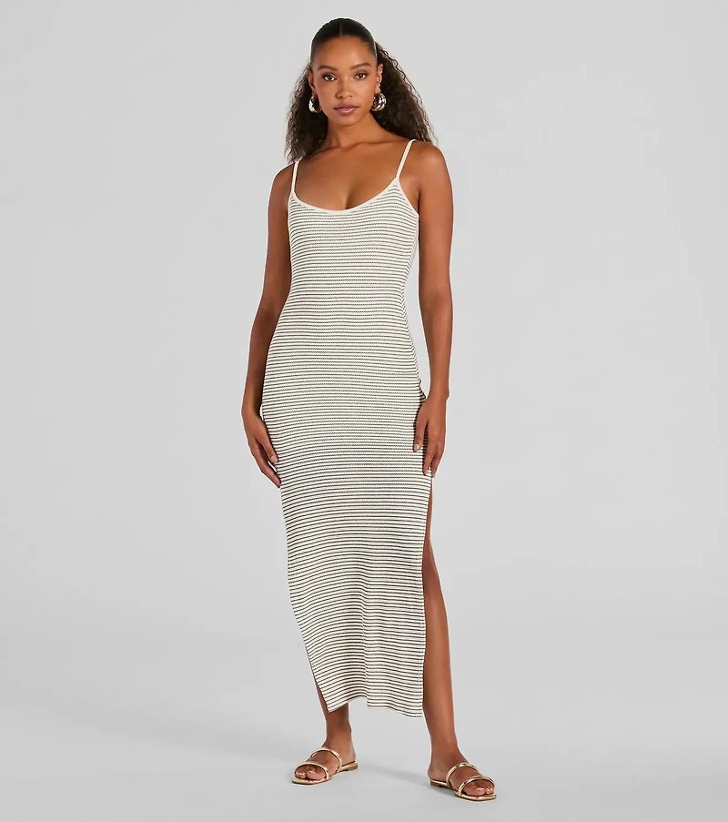 Weekend Vibes High Slit Striped Knit Maxi Dress