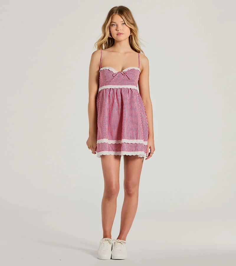 Life's A Picnic Sweetheart Lace Gingham Mini Dress