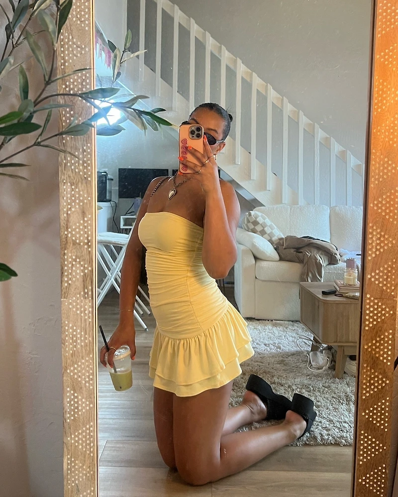Here Comes The Sun Strapless Ruffled Mini Dress