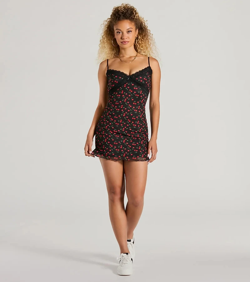 Cherry On Top Lace Trim V-Neck Mesh Mini Dress