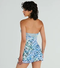Vibrant Strapless Butterfly Print Mini Dress