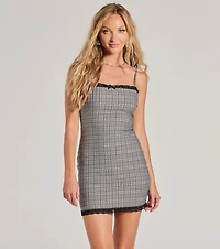 Adorably Chic Lace Trim Plaid Mini Dress