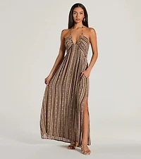 Bohemian-Chic Geometric Striped Halter Maxi Dress