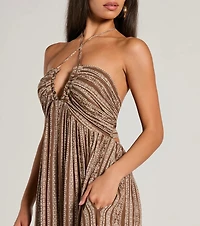 Bohemian-Chic Geometric Striped Halter Maxi Dress