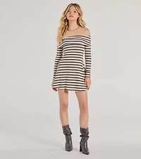 Cozy Flair Striped Knit Off-The-Shoulder Mini Dress