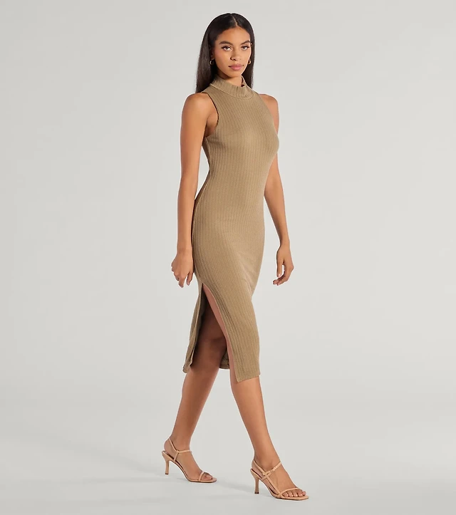 donna karan mock neck short sleeve ribbed knit midi dress Donna Karan Mock Neck Short Sleeve Ribbed Knit Midi Dress