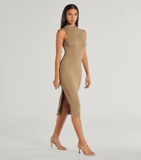 She's Stylish Mock Neck Cable Knit Midi Dress