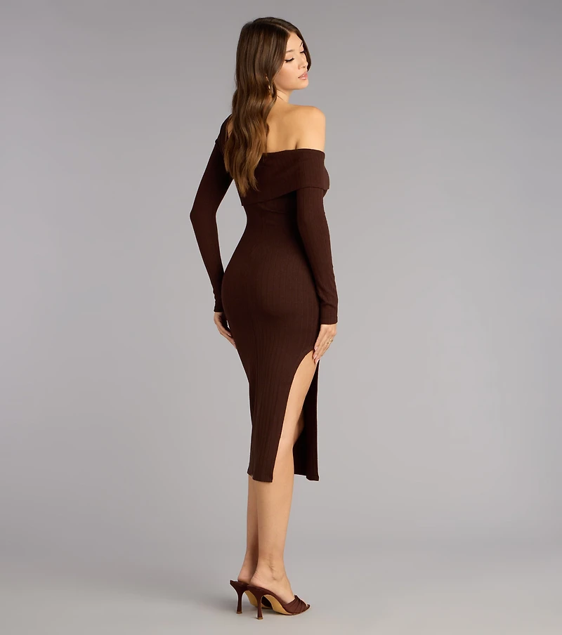 Chic Style Ribbed Knit Off-Shoulder Midi Dress