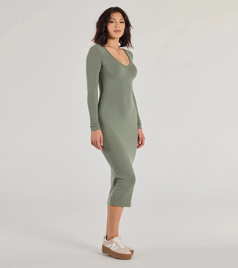 Casual Chic Style Long Sleeve Ribbed Knit Midi Dress