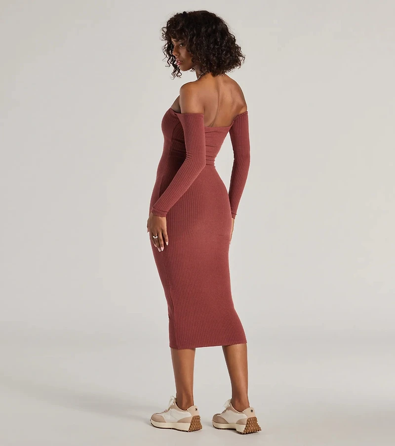 Carefree Chic Long Sleeve Ribbed Knit Midi Dress