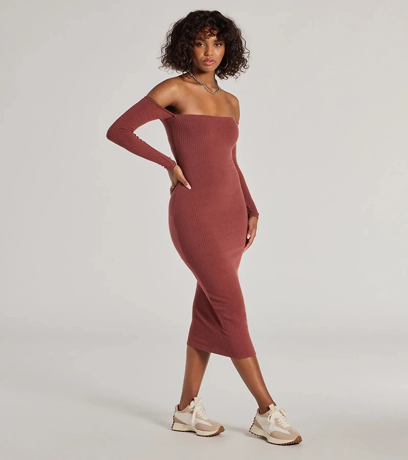 Carefree Chic Long Sleeve Ribbed Knit Midi Dress