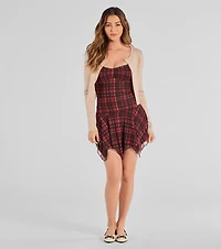 Edgy Plaid Scoop Neck Mesh Mini Dress