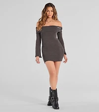 Buckled Beauty Off-The-Shoulder Knit Mini Dress