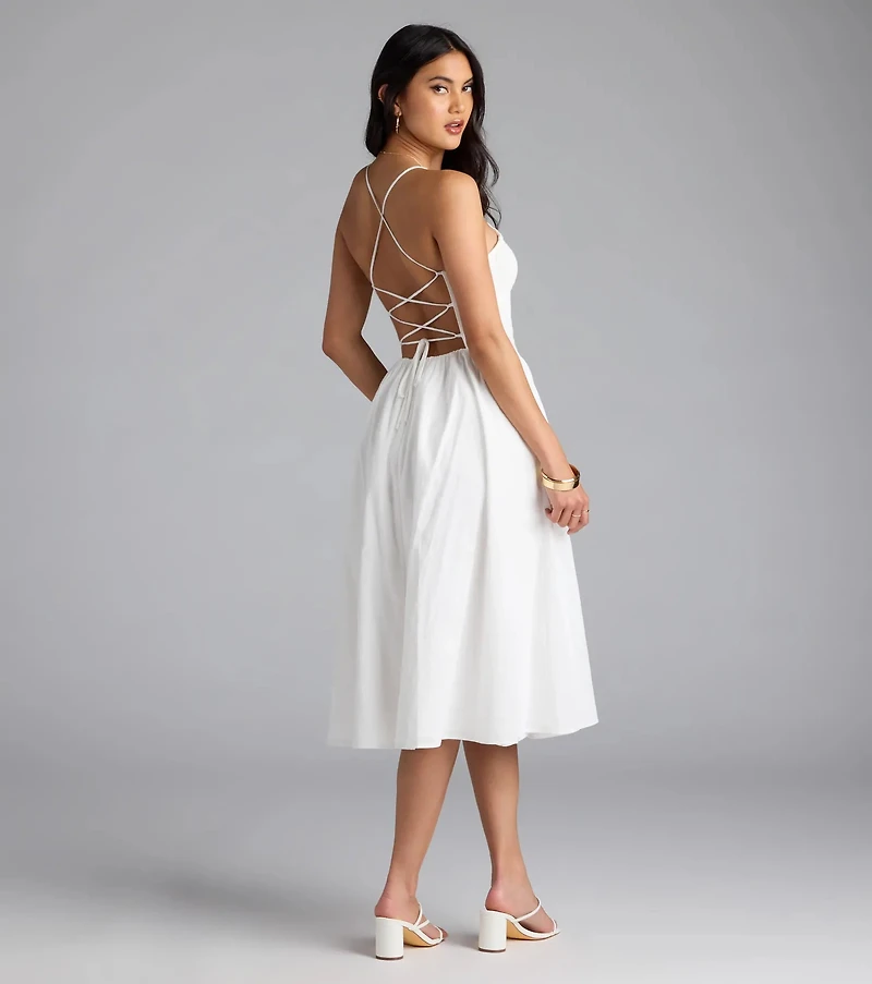 Easy And Breezy Lace-Up Midi Dress With Pockets