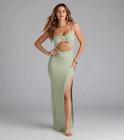 Vacay Mode Buckle Cutout Slit Maxi Dress