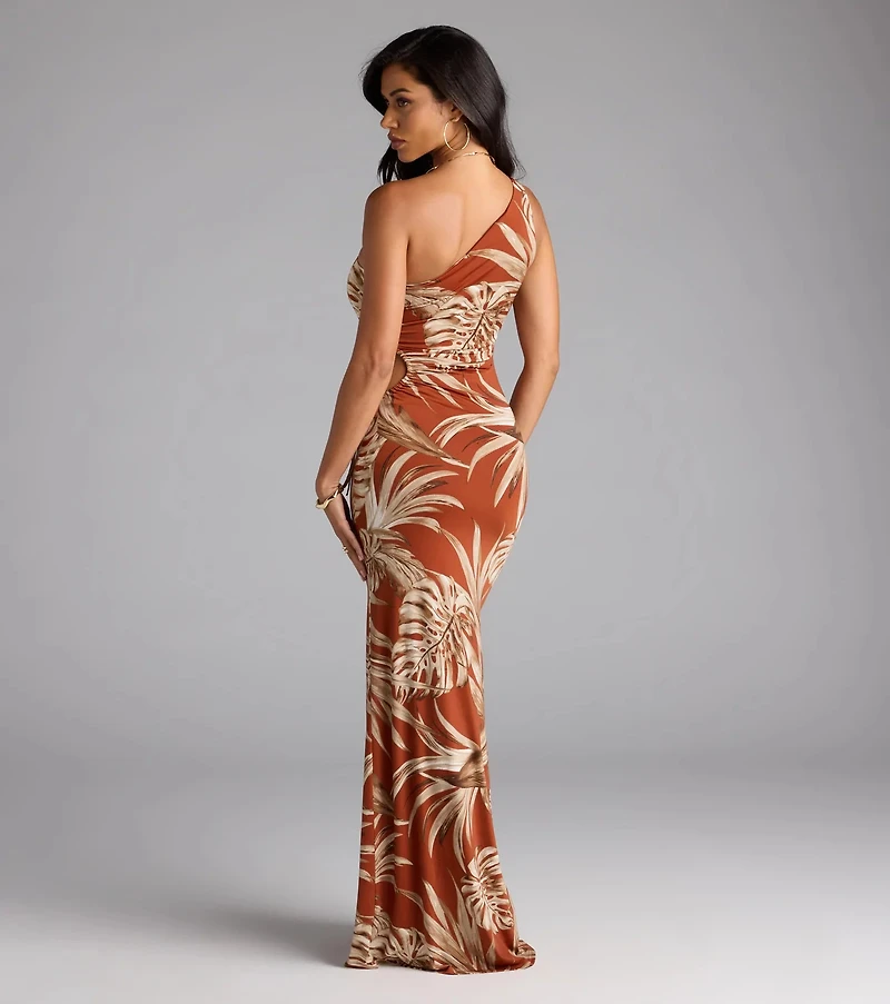 Island Style One-Shoulder Slit Tropical Maxi Dress
