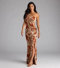 Island Style One-Shoulder Slit Tropical Maxi Dress