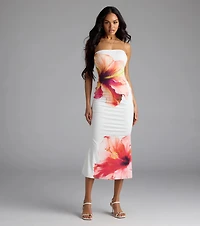 Set For Vacay Tropical Floral Strapless Midi Dress