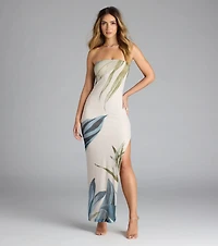 On A Vacay Strapless Tropical Slit Maxi Dress
