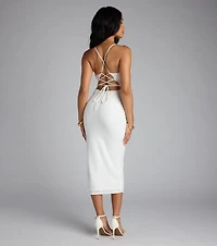 Hidden Treasure Lace-Up Shell Accent Midi Dress