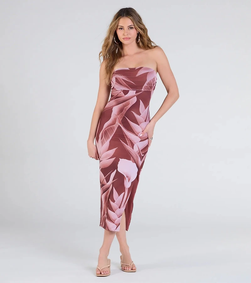 Maui Nights Strapless Tropical Midi Dress