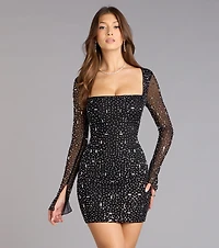 Dazzling Glam Long Sleeve Rhinestone Mesh Mini Dress