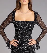 Dazzling Glam Long Sleeve Rhinestone Mesh Mini Dress