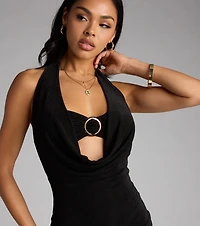 Own The Night Cowl Halter Mini Dress