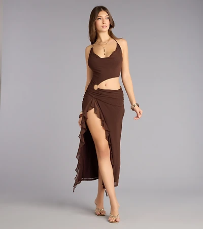 Sultry Motion Mesh Halter Midi Dress