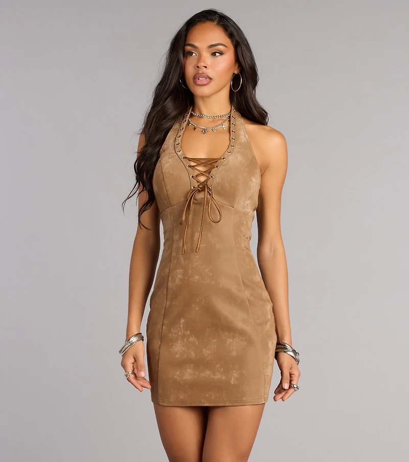 Low Key Heat Lace Up Halter Mini Dress