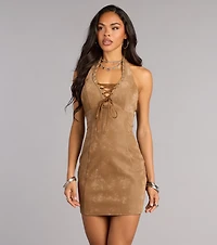 Low Key Heat Lace Up Halter Mini Dress