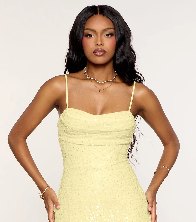 dazzling forever yellow sequin beaded bodycon mini dress Windsor After Party Sparkle Color:Other Colors (Leaving a note) Fringe details throughout bria myles Plus Size Women Boho