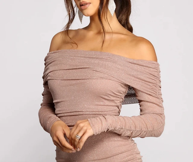 open lace back dress Classic Glitz Glitter Knit Off-The-Shoulder Mini Dress main image 0